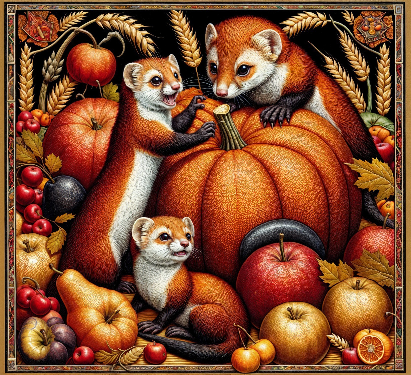 Ferrets Playing Near Pumpkin and Autumn Fruits