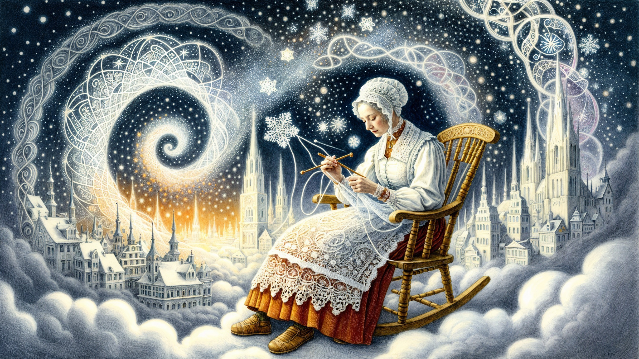 Elderly Woman Knitting in Dreamlike Snowy Setting