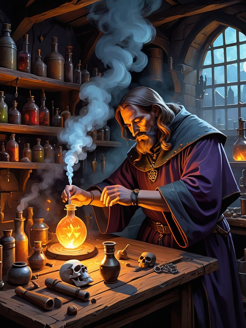 Alchemist Mixing Glowing Ingredients in Laboratory
