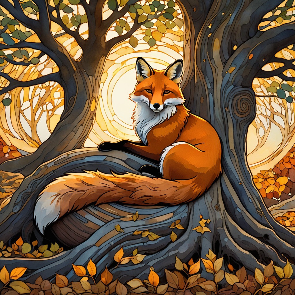 Autumn Fox Stained Glass Art with Tree Roots and Leaves