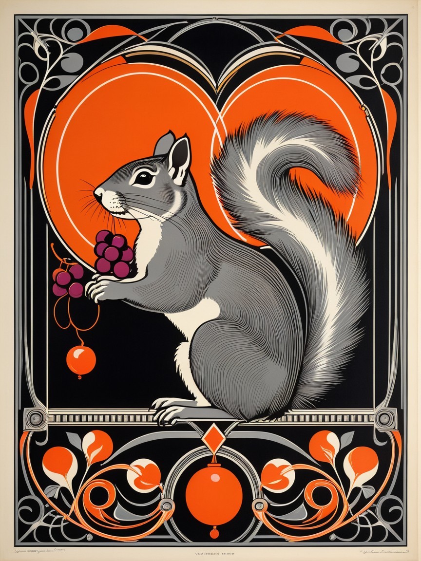 Art Nouveau Illustration of Squirrel with Grapes