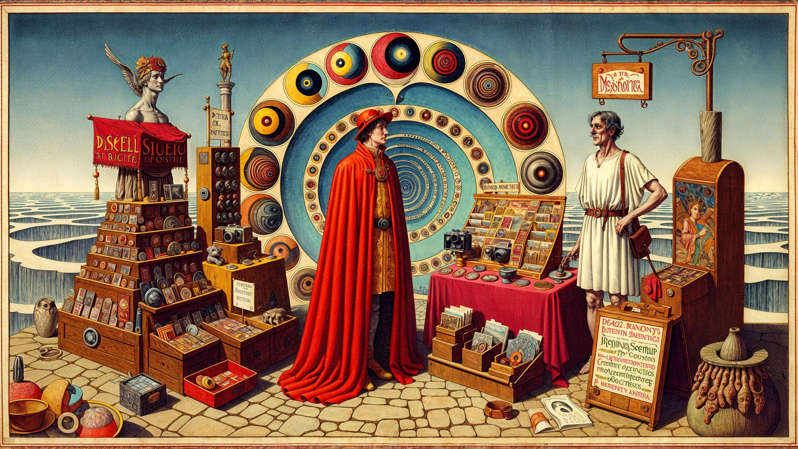 Cloaked Figure and Vendor in Surreal Landscape