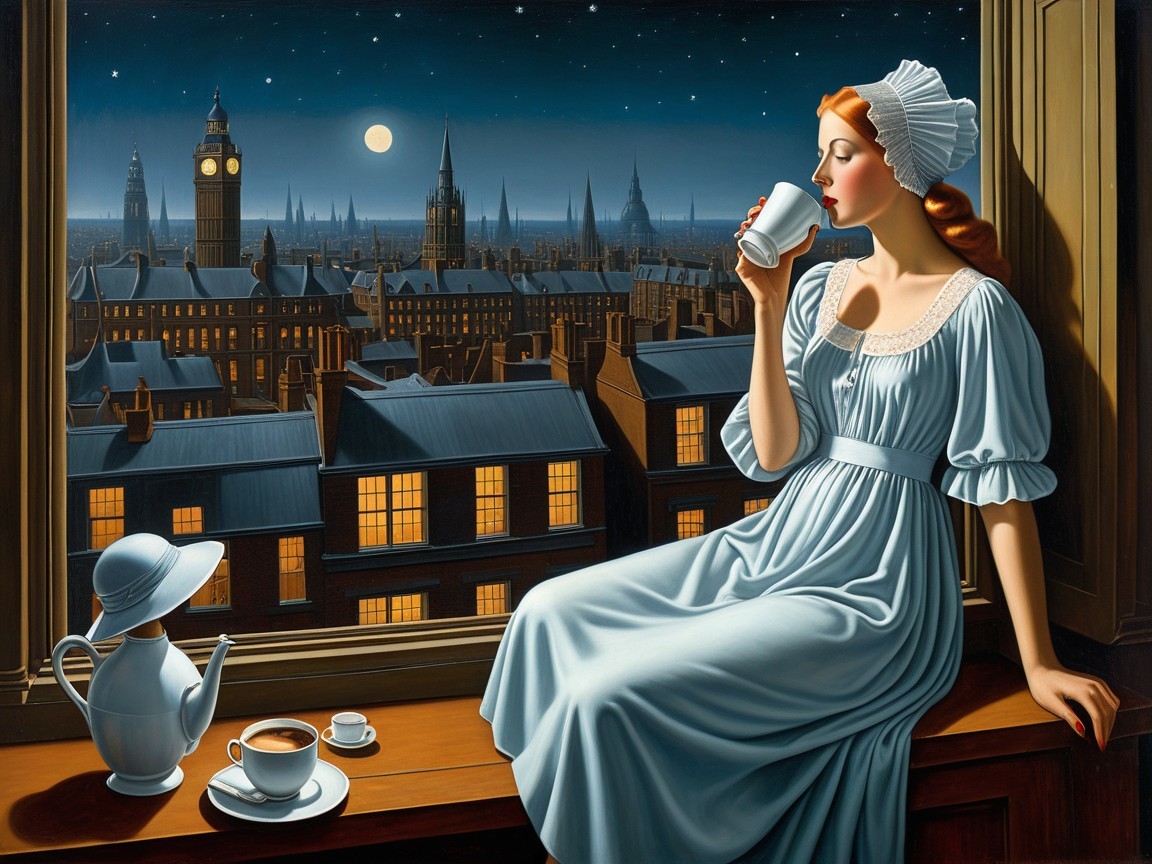Serene Night Scene with Woman and Moonlit City Skyline
