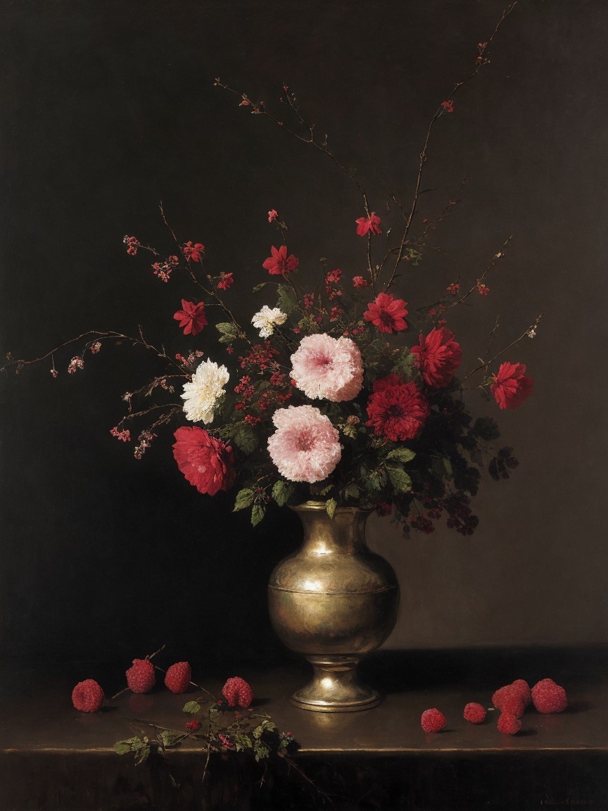 Still Life with Golden Vase and Vibrant Flowers