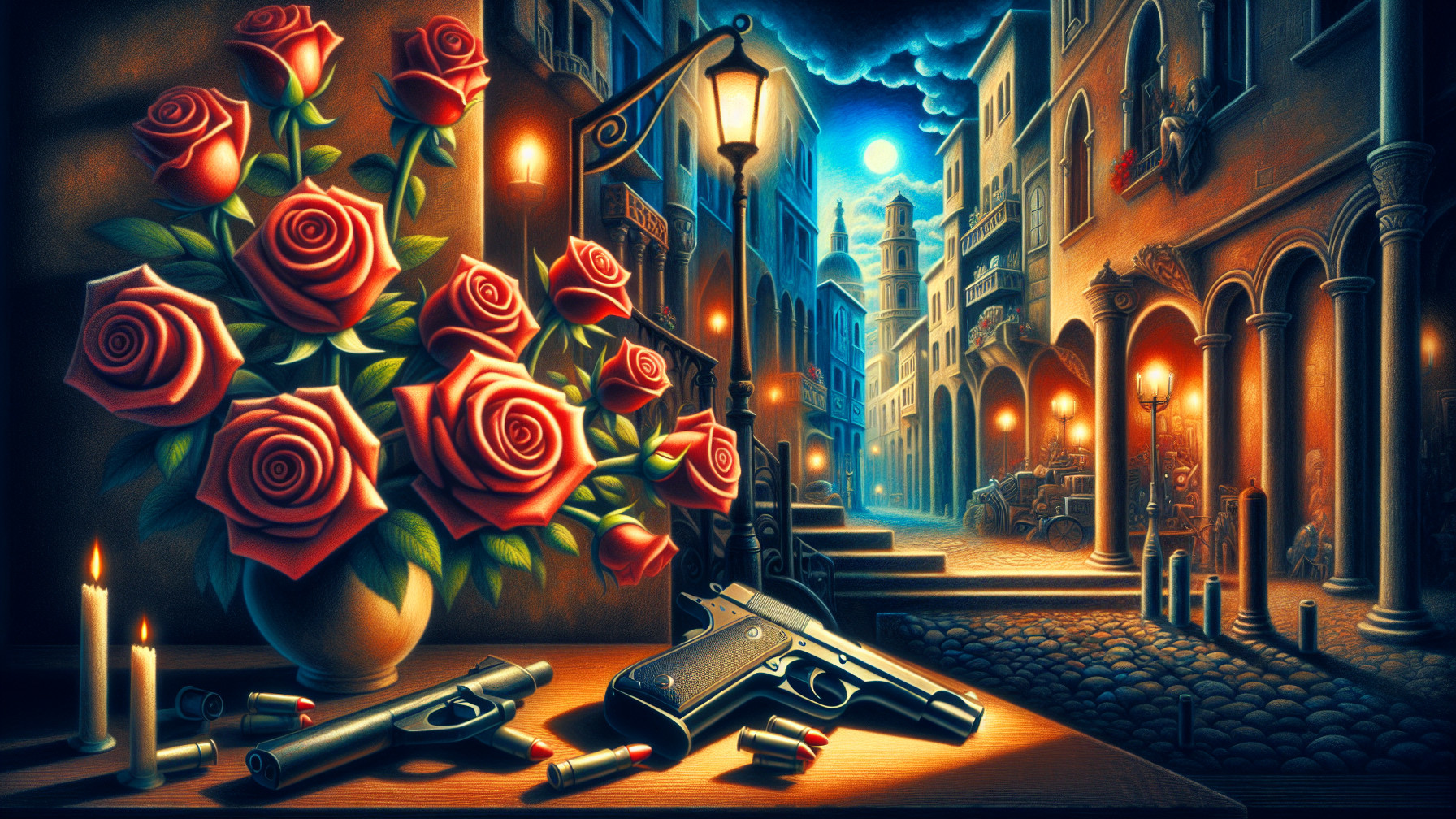 Vibrant Roses and Handguns on a Wooden Table Scene
