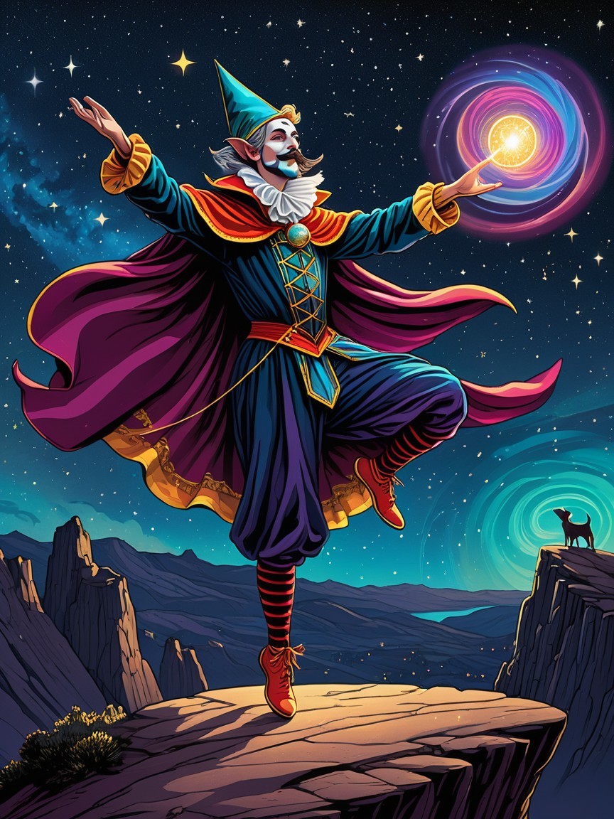 Whimsical Jester Balancing Energy Orb Under Stars