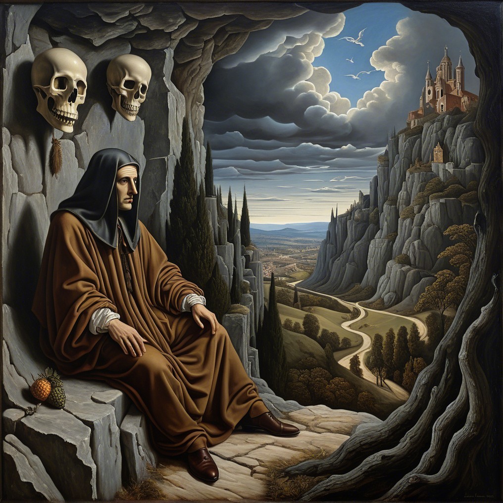 Contemplative Figure in Cave with Symbolic Skulls