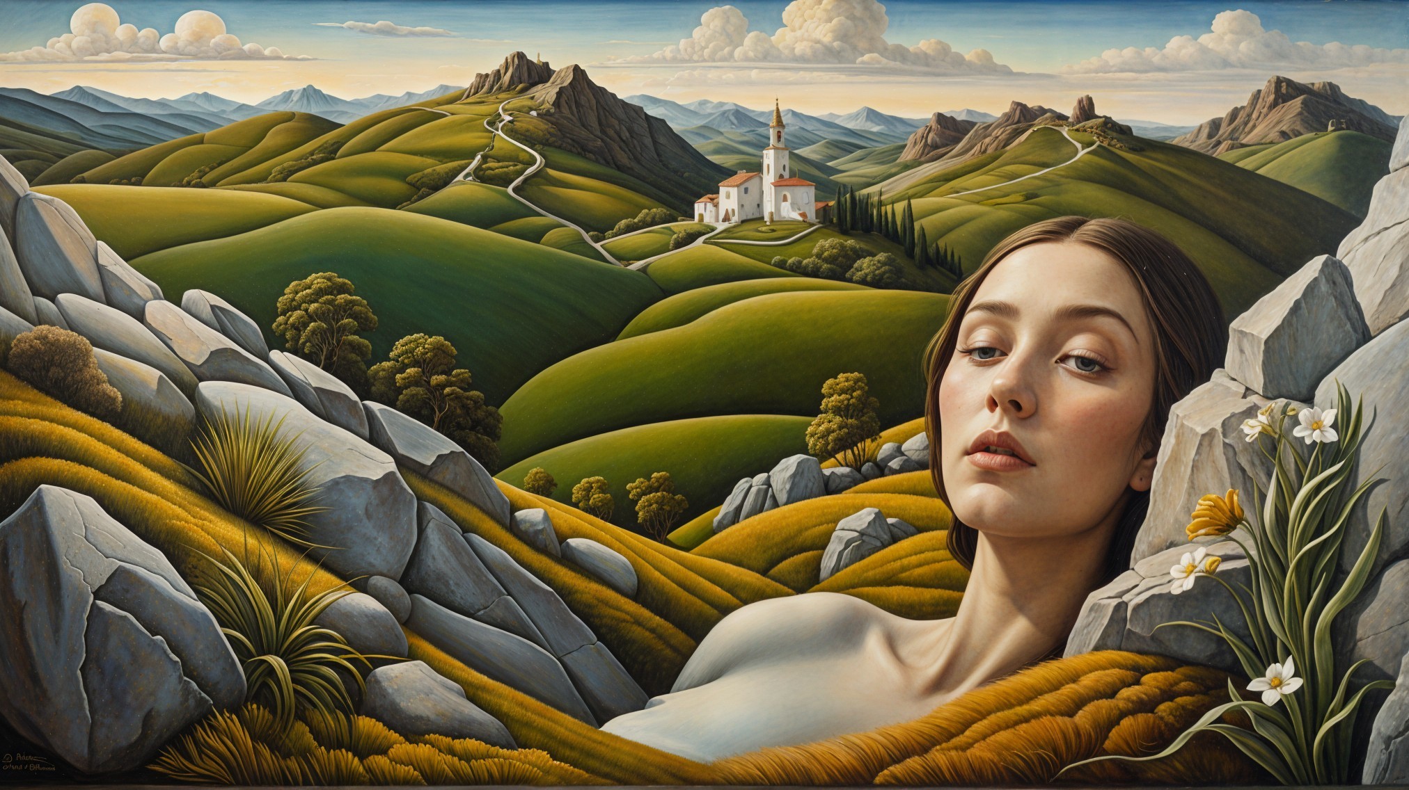 Serene Landscape with Church and Woman's Face