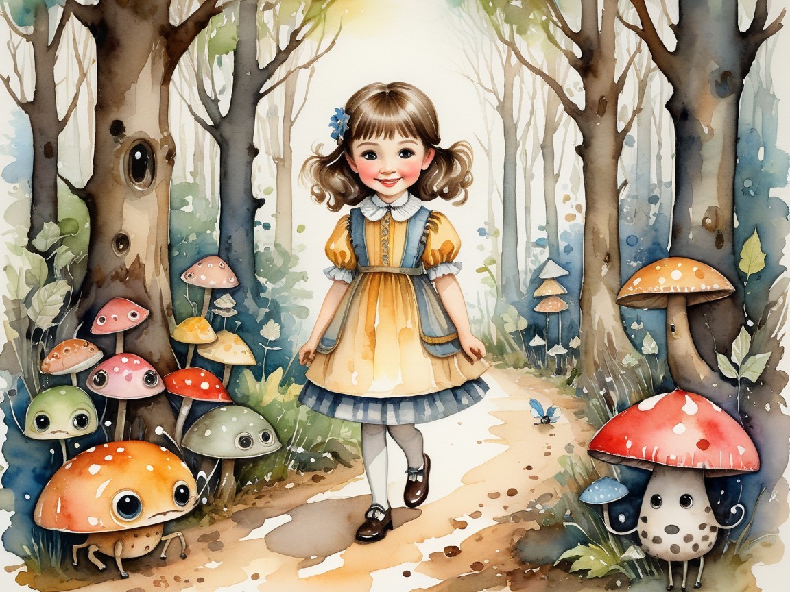 Illustration of a girl in yellow dress in a forest
