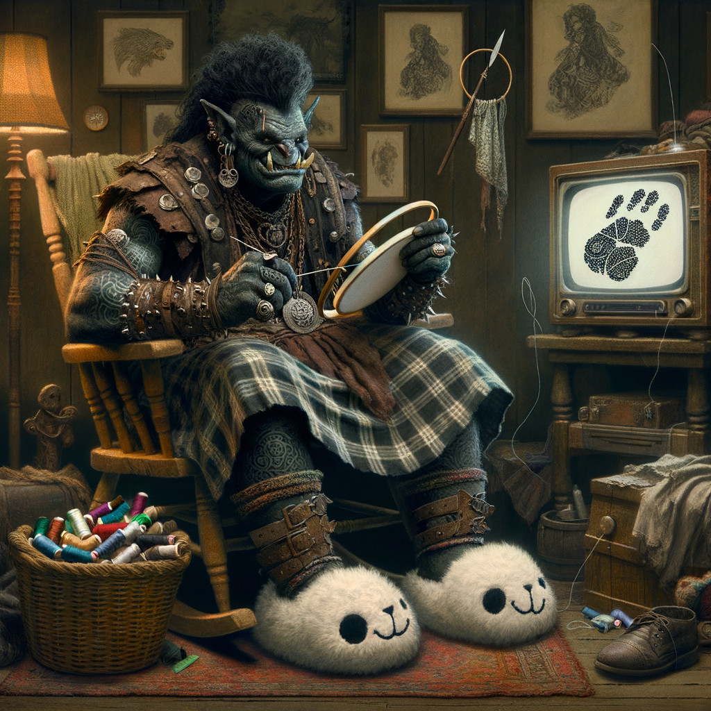Orc in Kilt Sewing in Cozy Cluttered Room