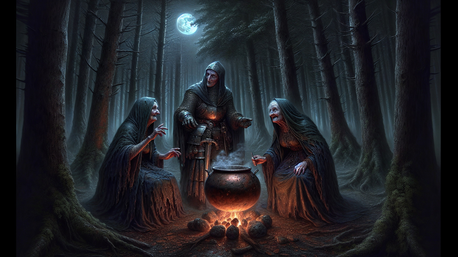 Misty Forest Scene with Witches and Cauldron