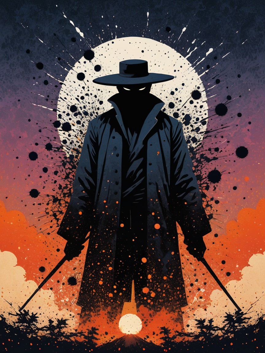 Mysterious Figure with Blades at Colorful Sunset
