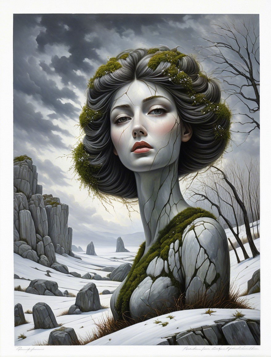 Ethereal Woman Figure in Winter Landscape Art