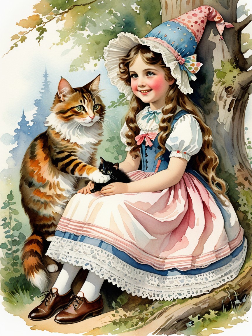 Young girl in pink dress with calico cat and kitten