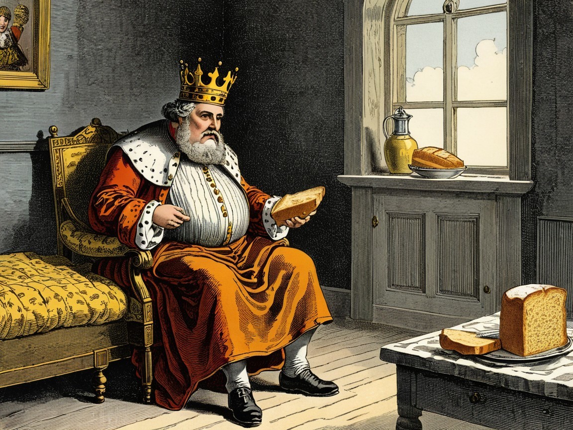 Regal King in Lavish Robe Contemplates Bread in Room