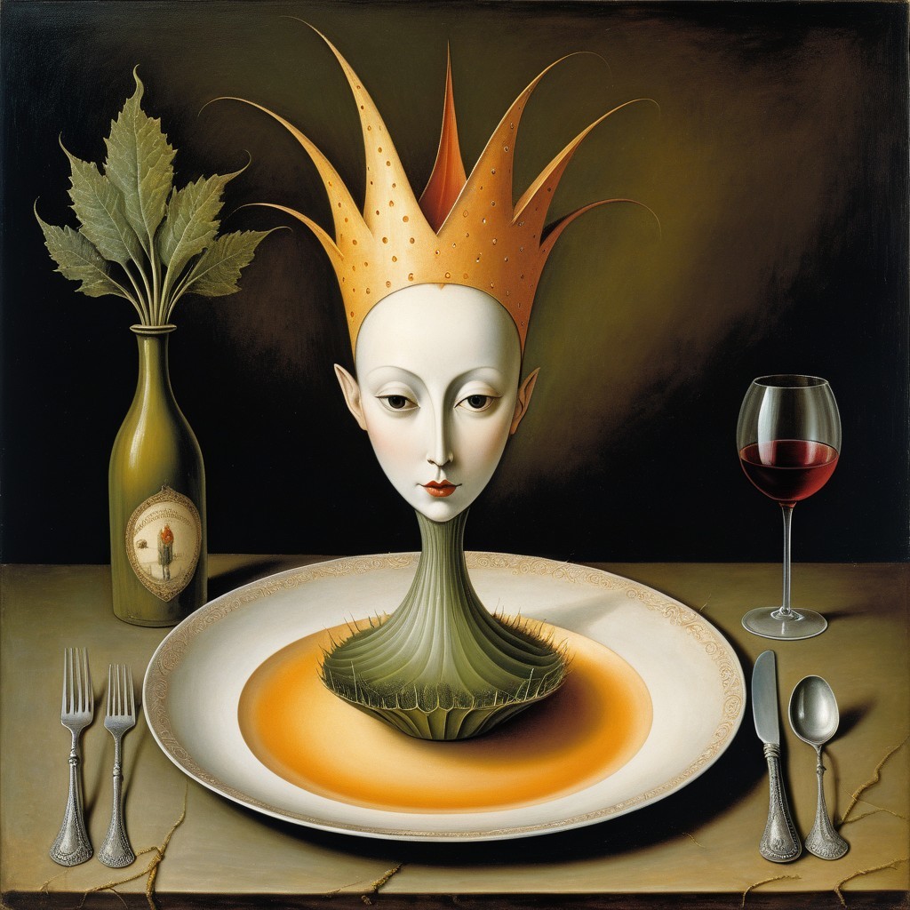 Surrealistic Dining Scene with Elongated Figure and Wine