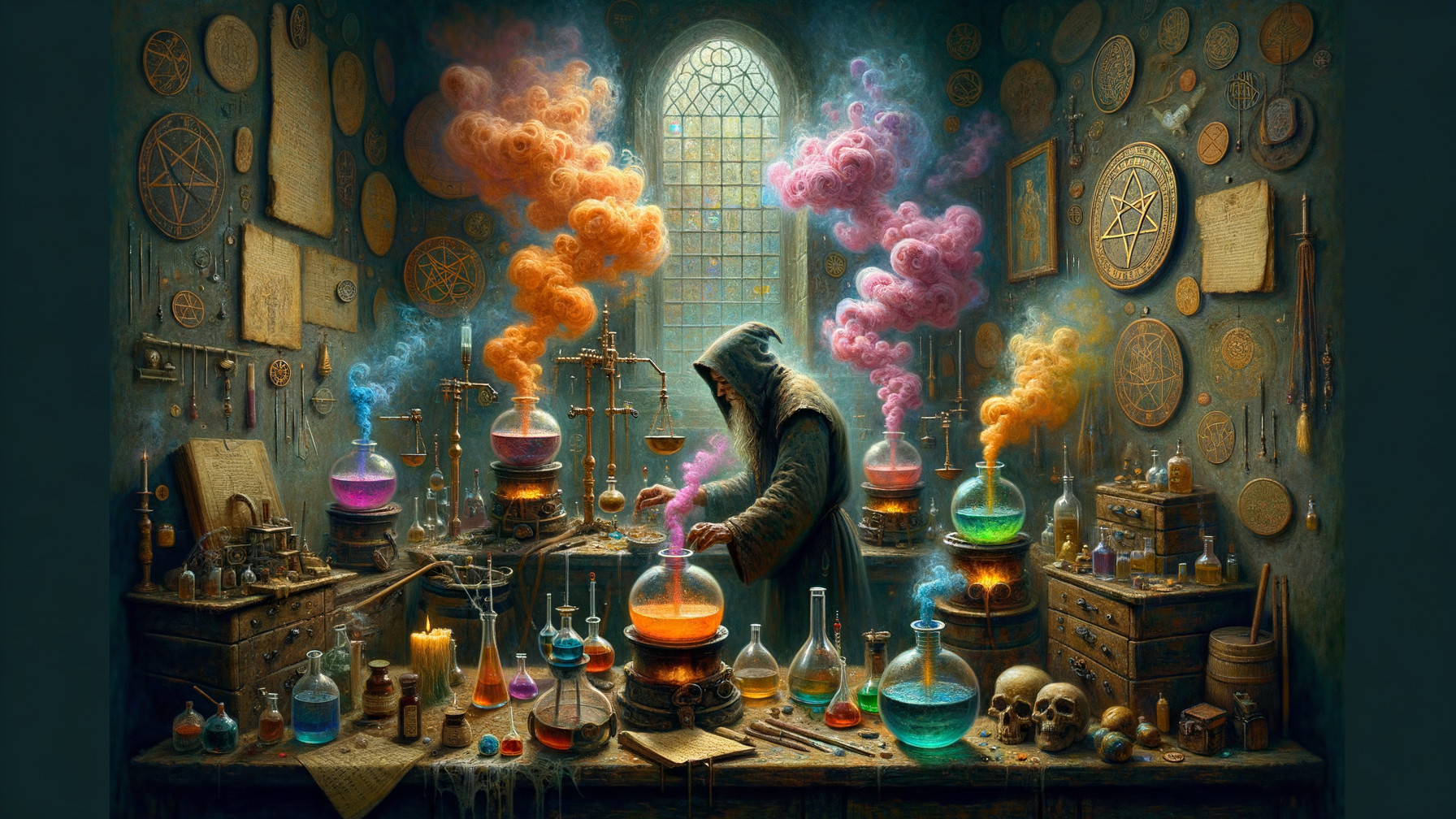Dimly Lit Alchemist's Laboratory with Colorful Potions