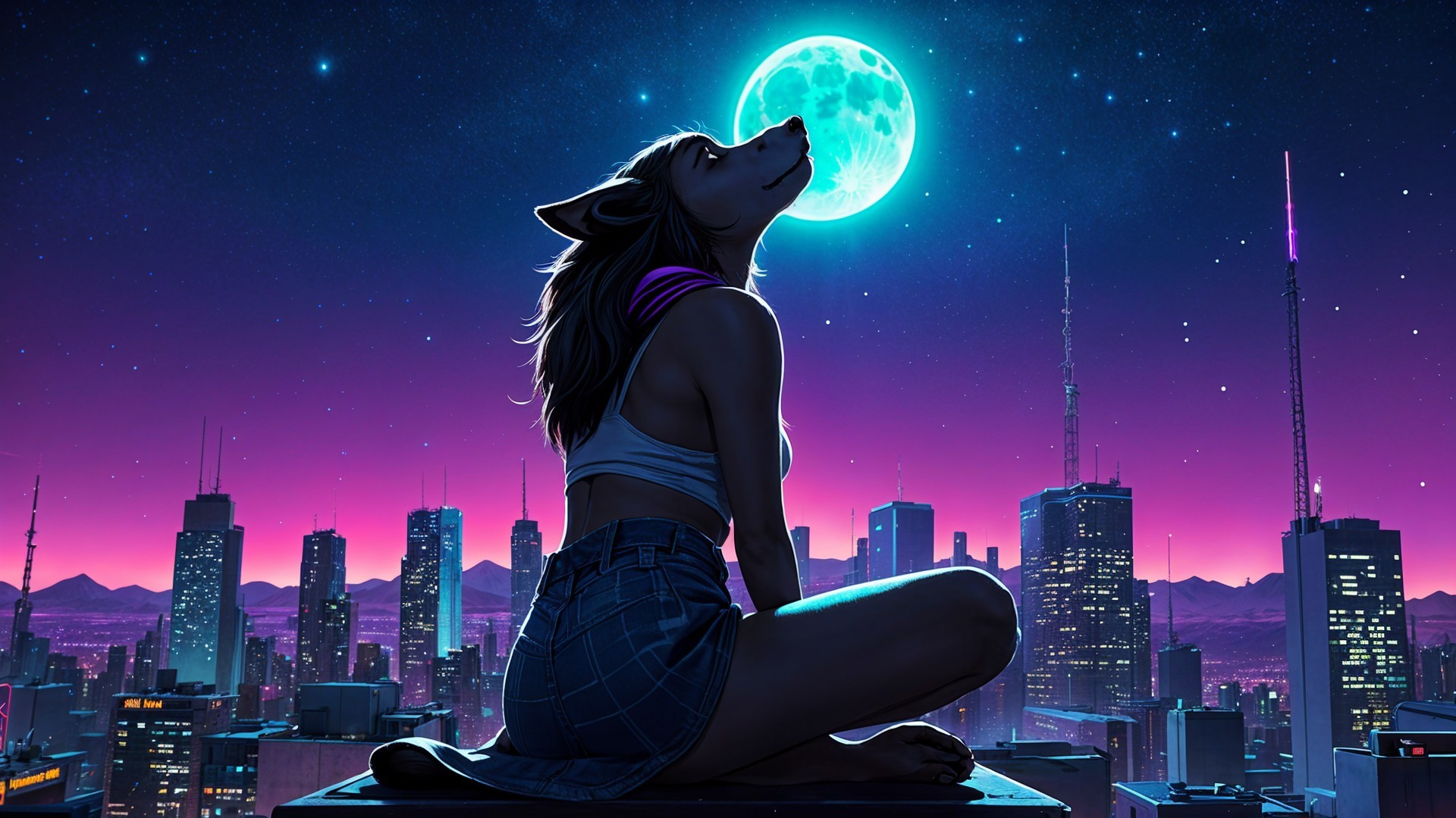 Silhouetted Figure on Rooftop Against City Skyline
