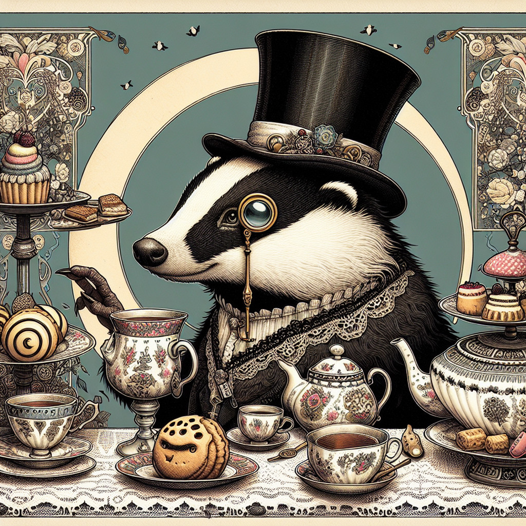 Whimsical Badger in Top Hat with Elegant Tea Set