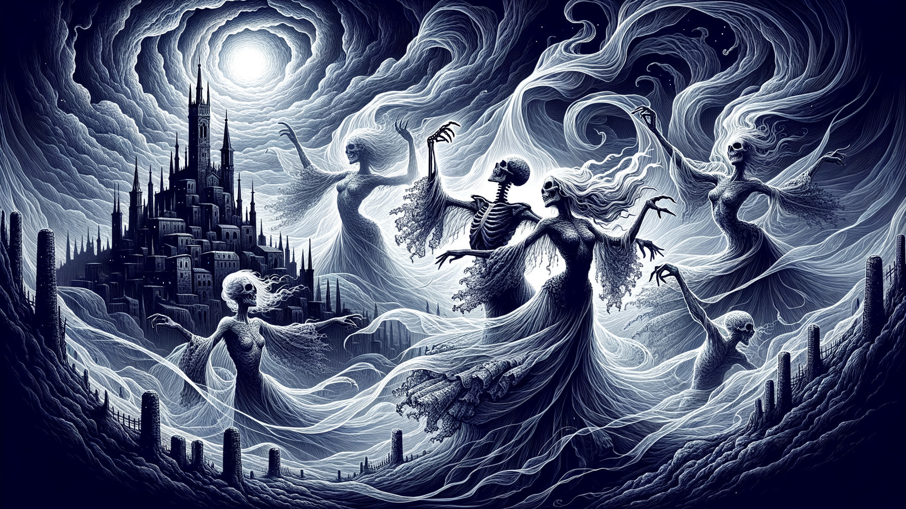 Surreal Landscape with Skeletal Figures and Ethereal Women