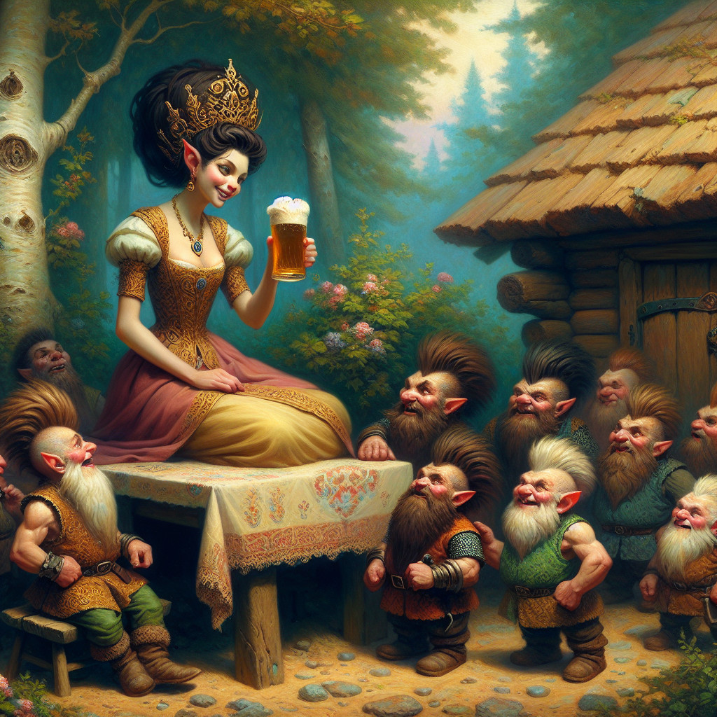 Princess in Gown Celebrates with Gnomes in Forest