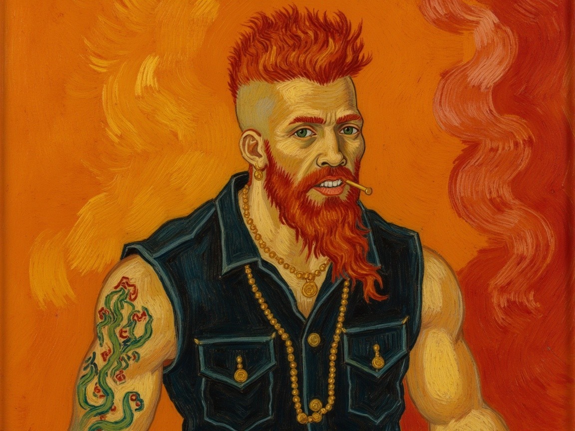 Portrait of a muscular man with red beard and tattoos