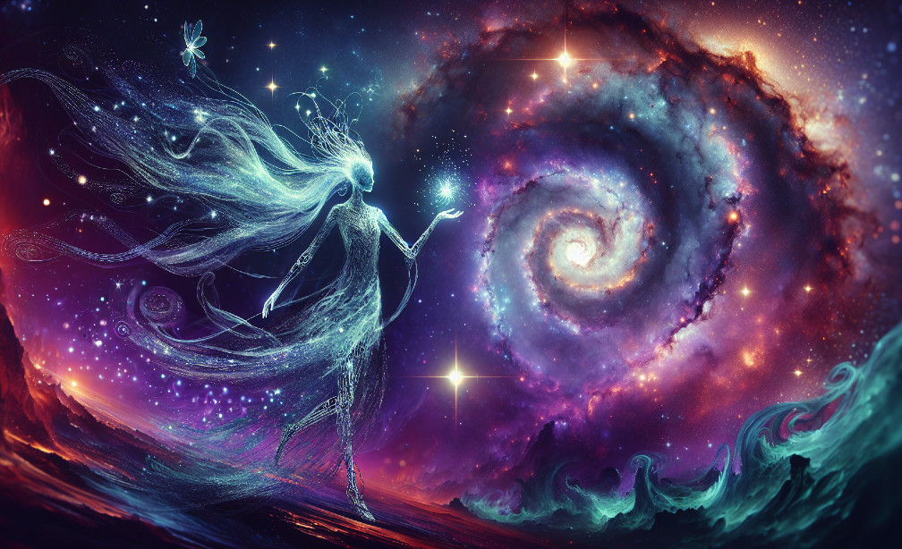 Ethereal Figure in a Vibrant Cosmic Landscape