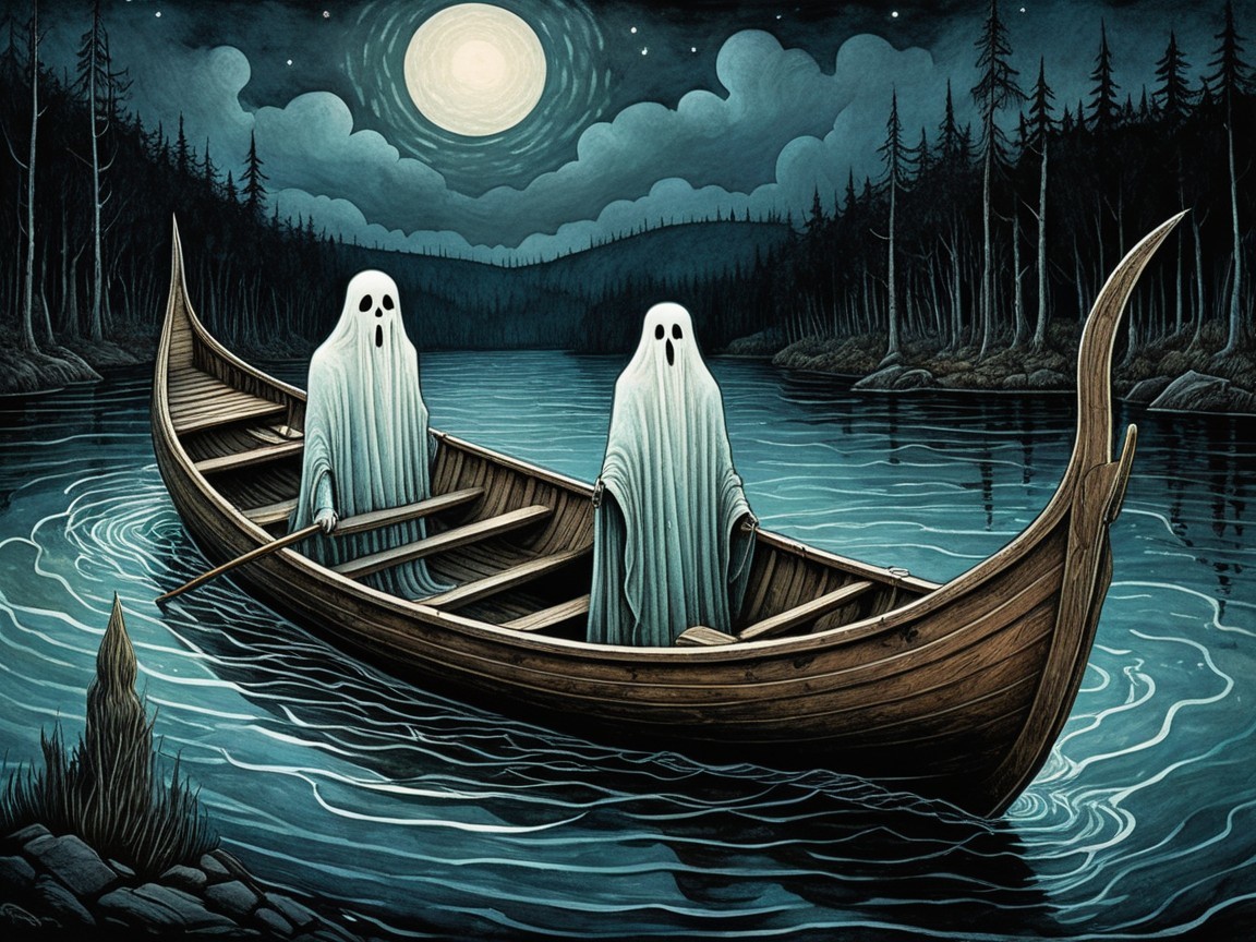 Ghostly Figures in a Rowboat on a Moonlit Lake