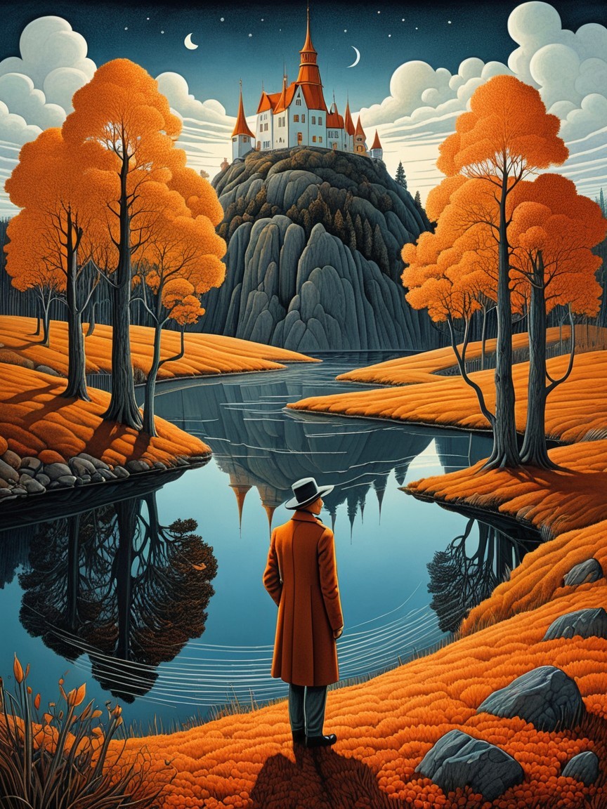 Man by Lake with Castle and Autumn Foliage