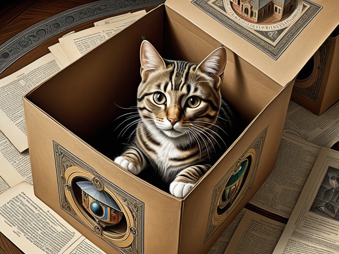 Playful Cat in Cardboard Box Surrounded by Vintage Books