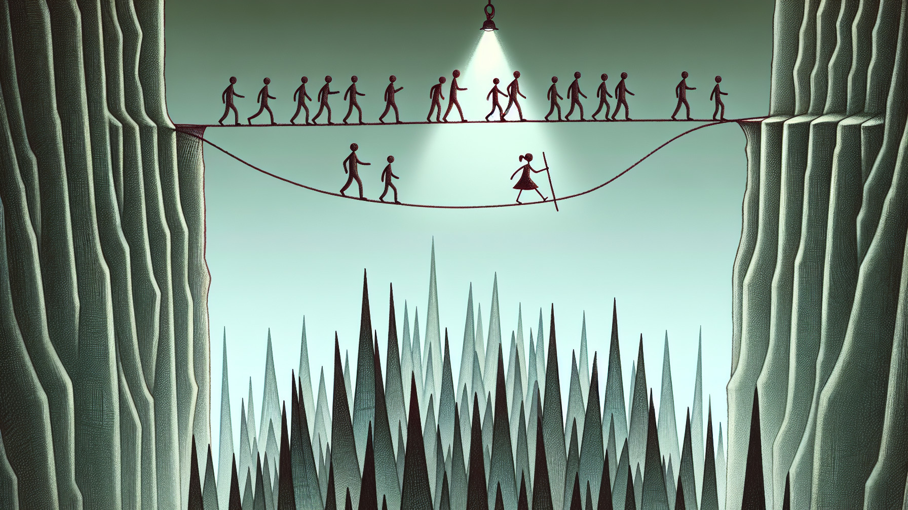 Stick Figures on Tightrope Over Dark Spikes