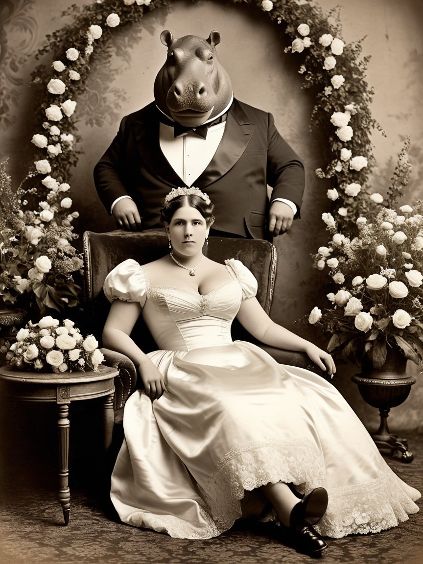 Sepia-Toned Portrait of Formal Couple with Hippo Mask