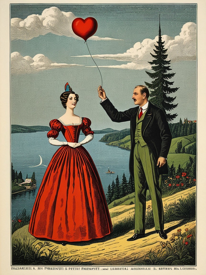Couple in Romantic Landscape with Heart-Shaped Balloon