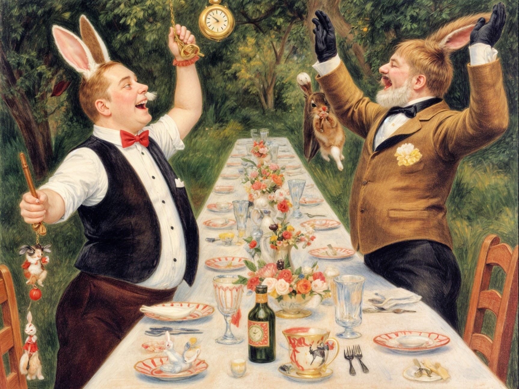 Whimsical Feast with Festive Characters and Rabbits