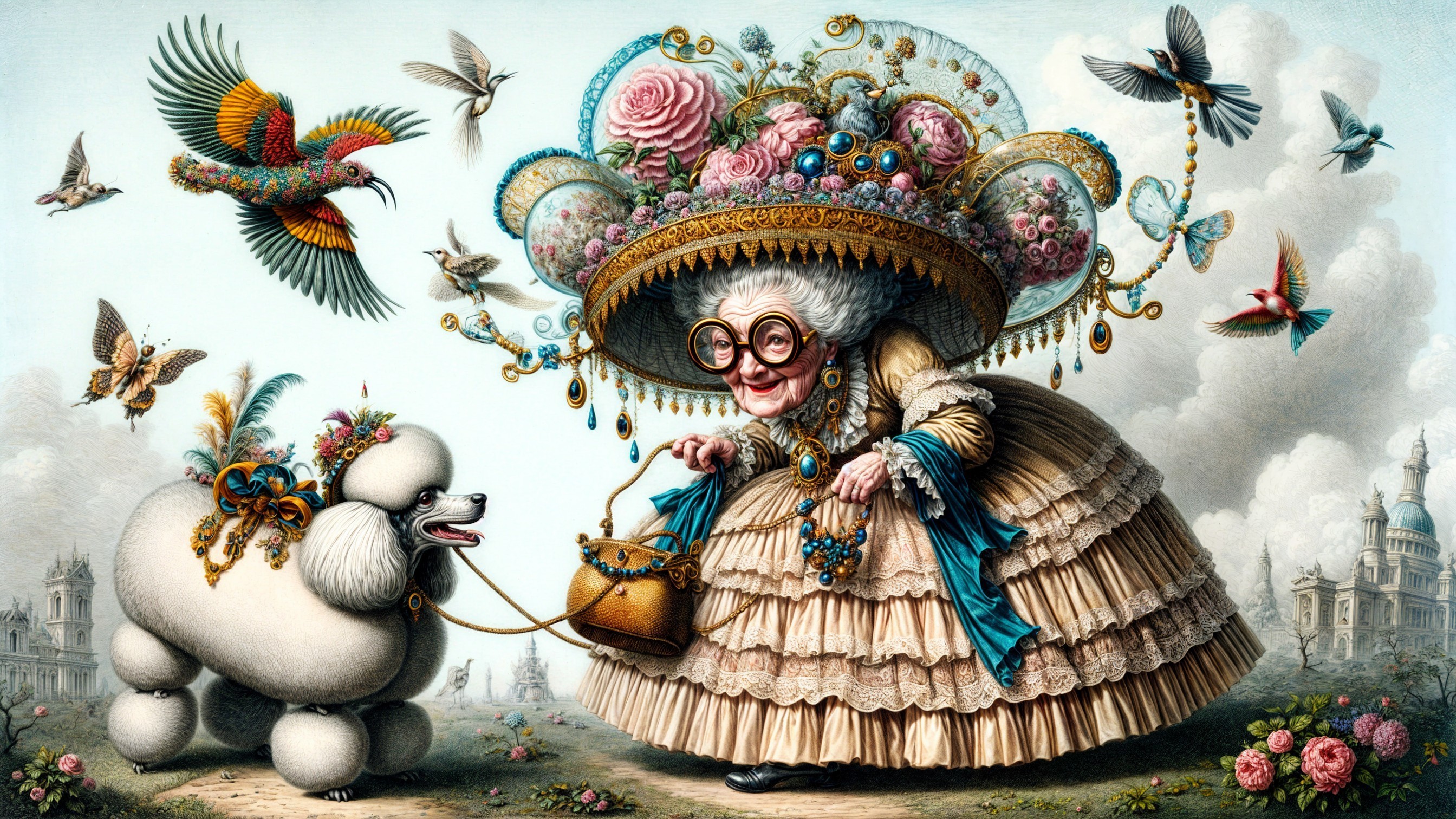 Elderly woman in ornate gown with poodle in whimsical setting