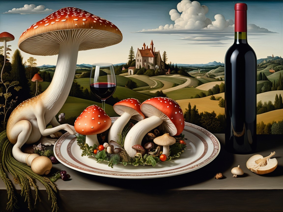 Surreal Still Life with Whimsical Mushrooms and Wine