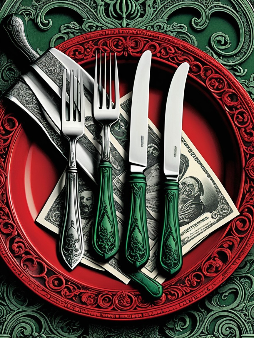 Vibrant Red Plate with Silver Cutlery and Dollar Bill
