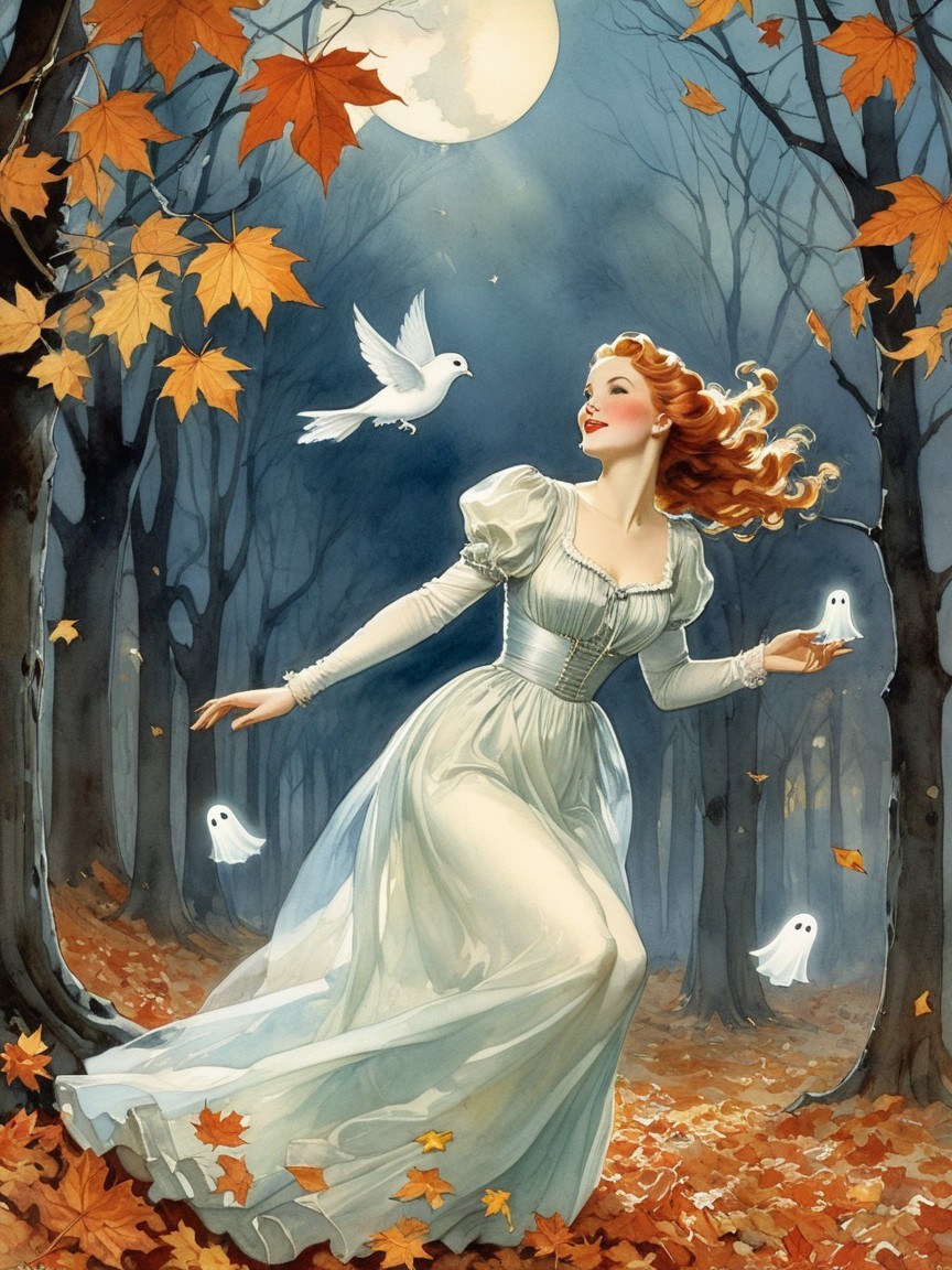 Moonlit Forest Dance with Autumn Leaves and Ghosts