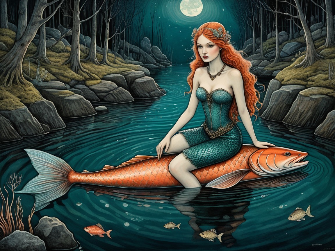 Mermaid on Orange Fish in Moonlit Mystical Scene
