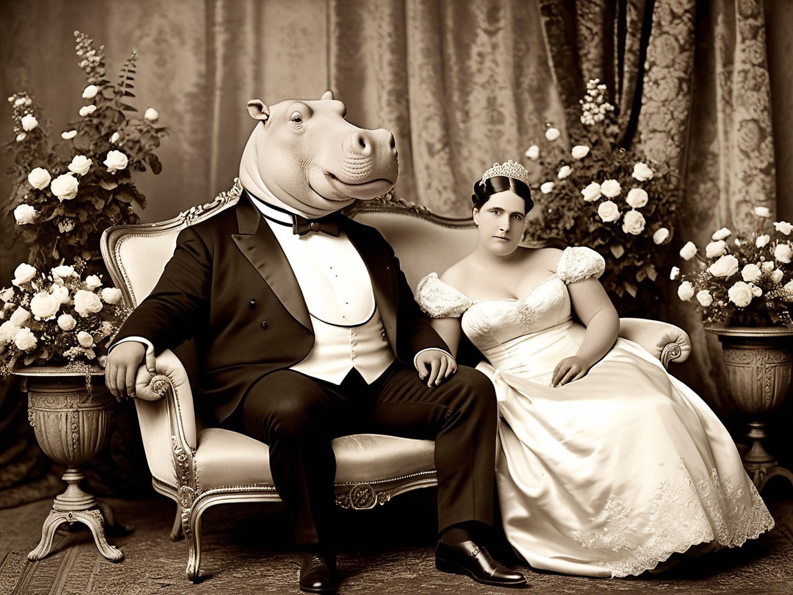 Vintage Portrait of Couple with Hippo Mask and Flowers