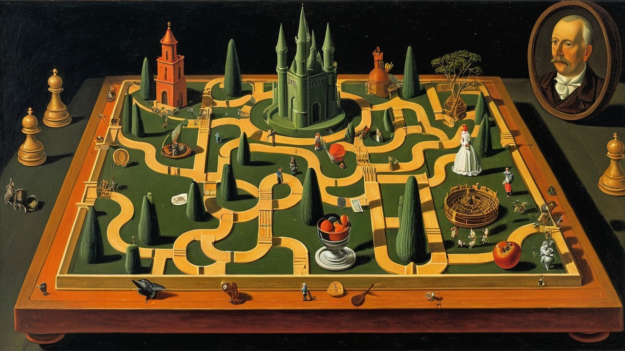 Whimsical Board Game in a Fantastical Landscape