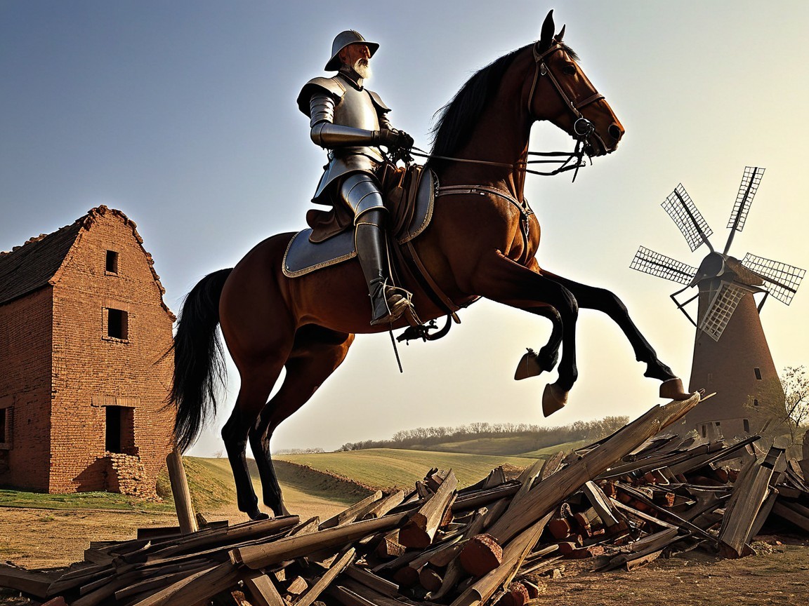 Knight on Horse Amidst Rustic Countryside Scene