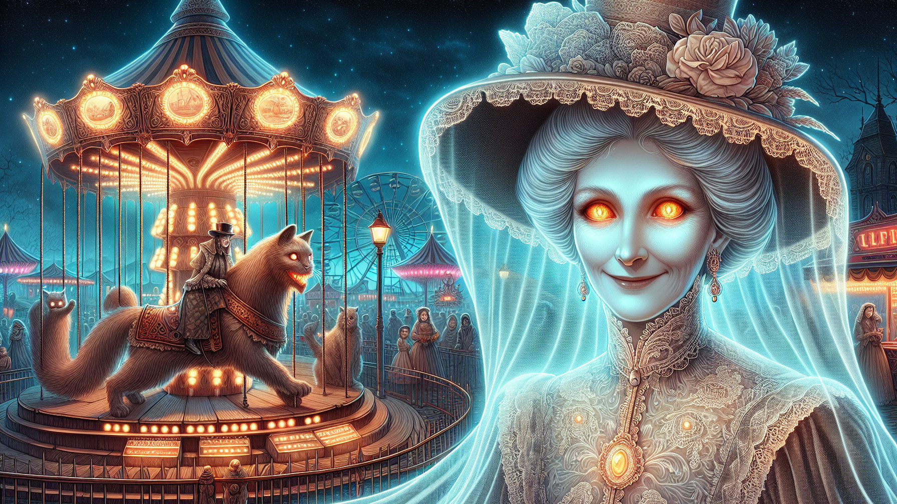 Ghostly Woman and Ethereal Wolf at Mystical Carnival