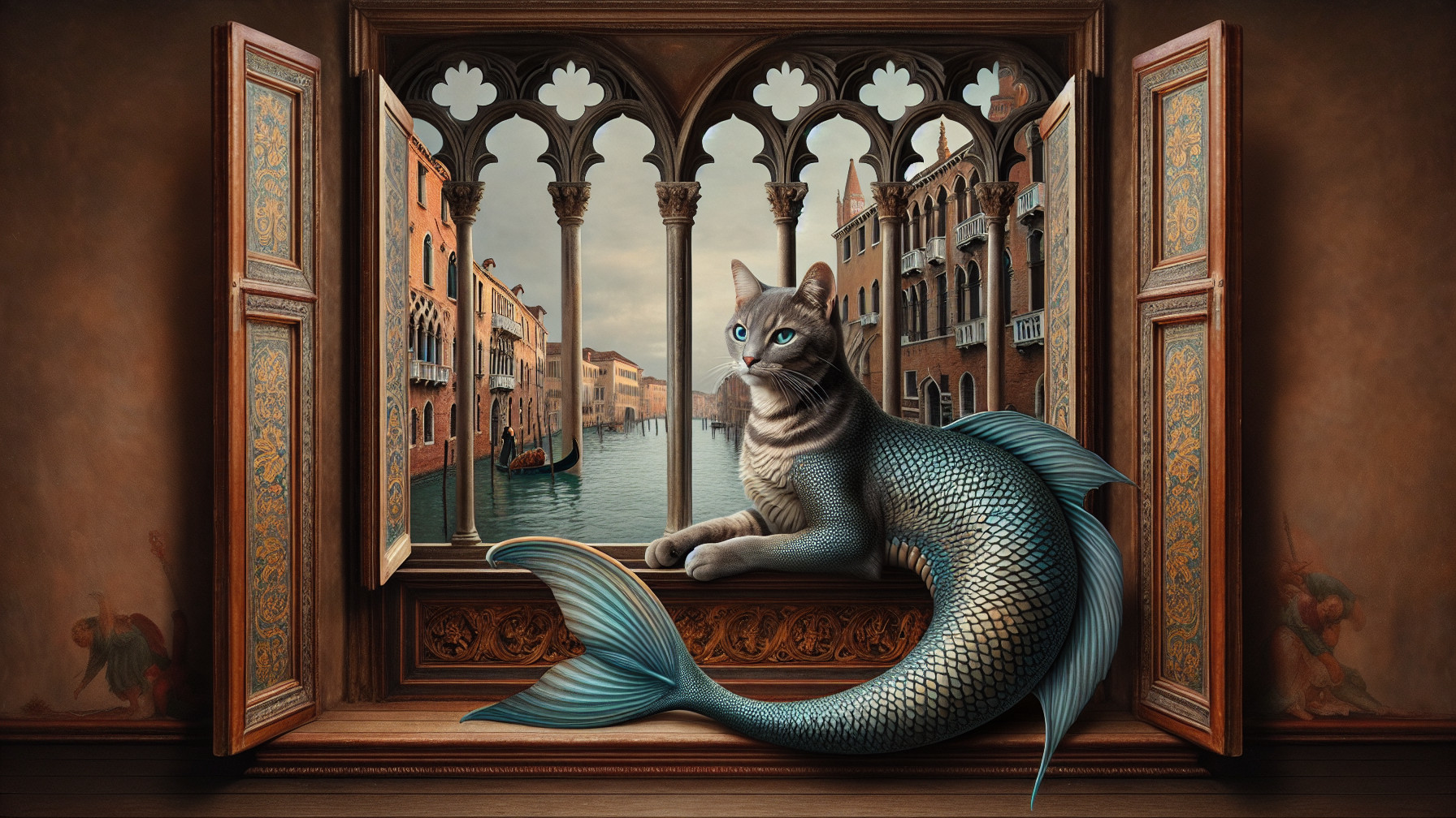 Majestic cat with mermaid scales in a Venetian window