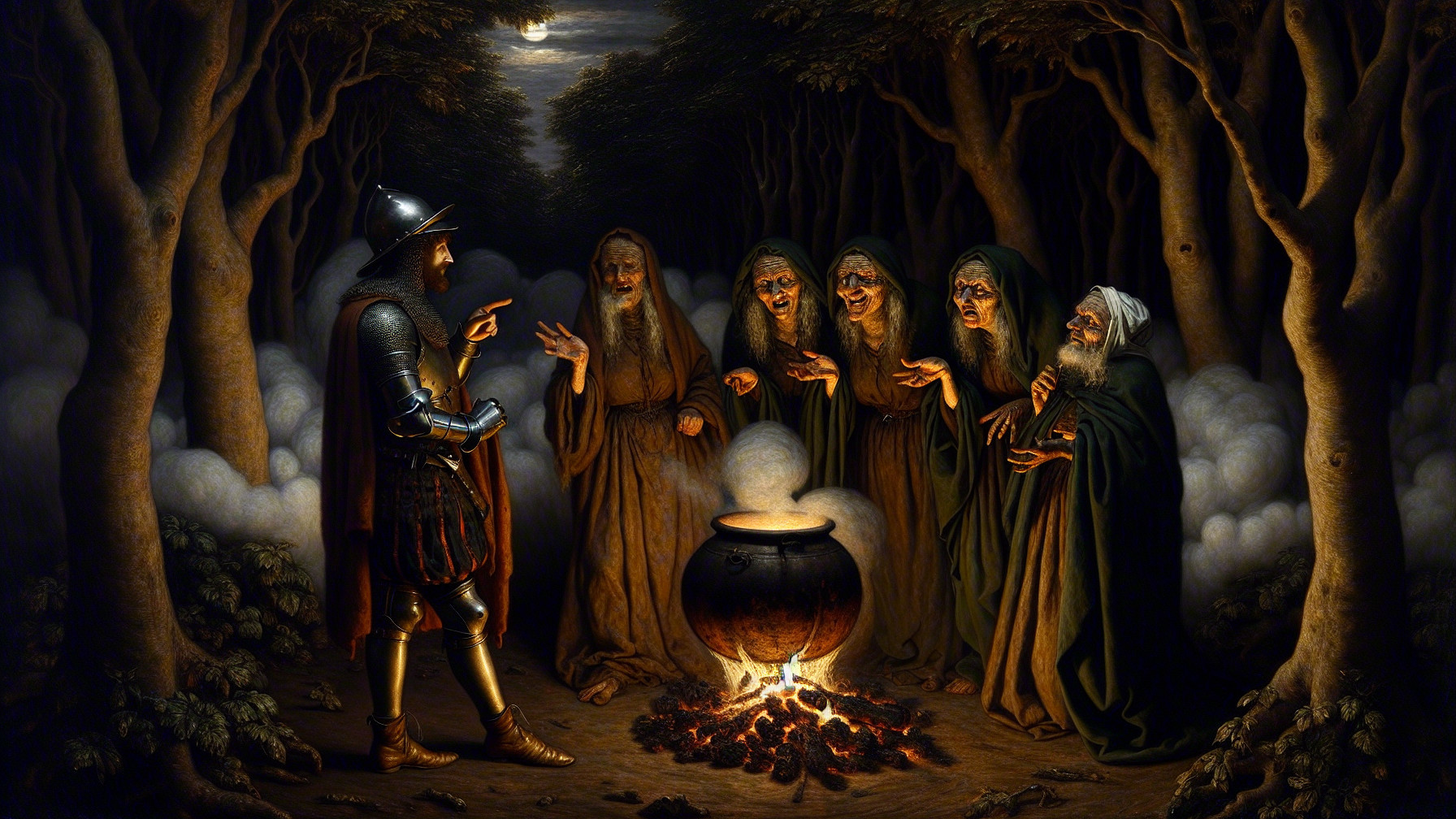 Knight and Cloaked Figures in Enchanted Forest Scene