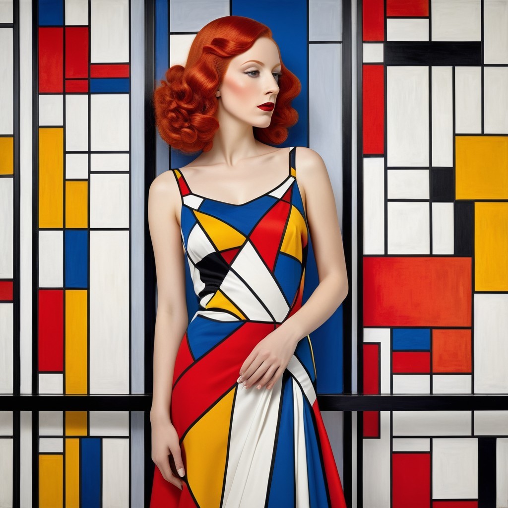 Elegant Woman in Colorful Dress Against Abstract Art