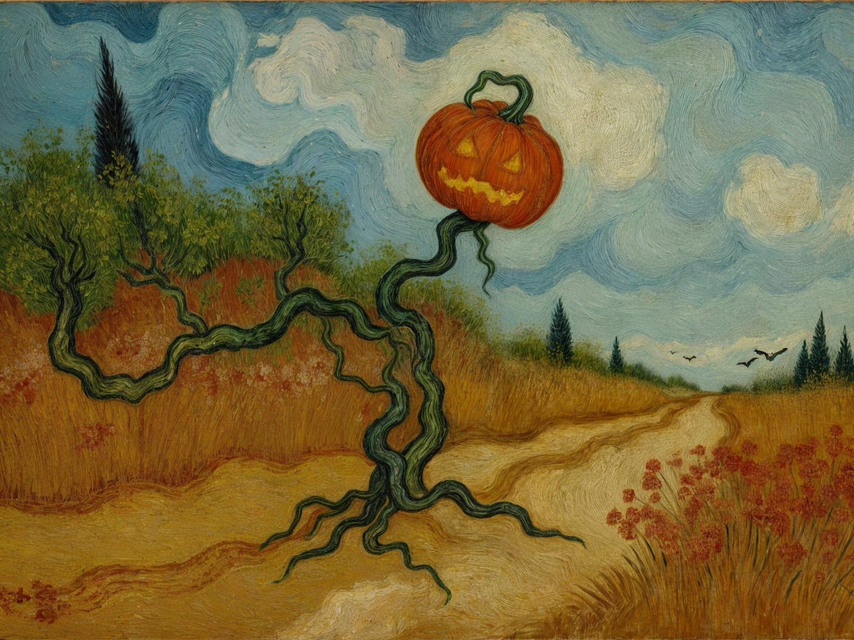 Whimsical Autumn Landscape with Vibrant Pumpkin