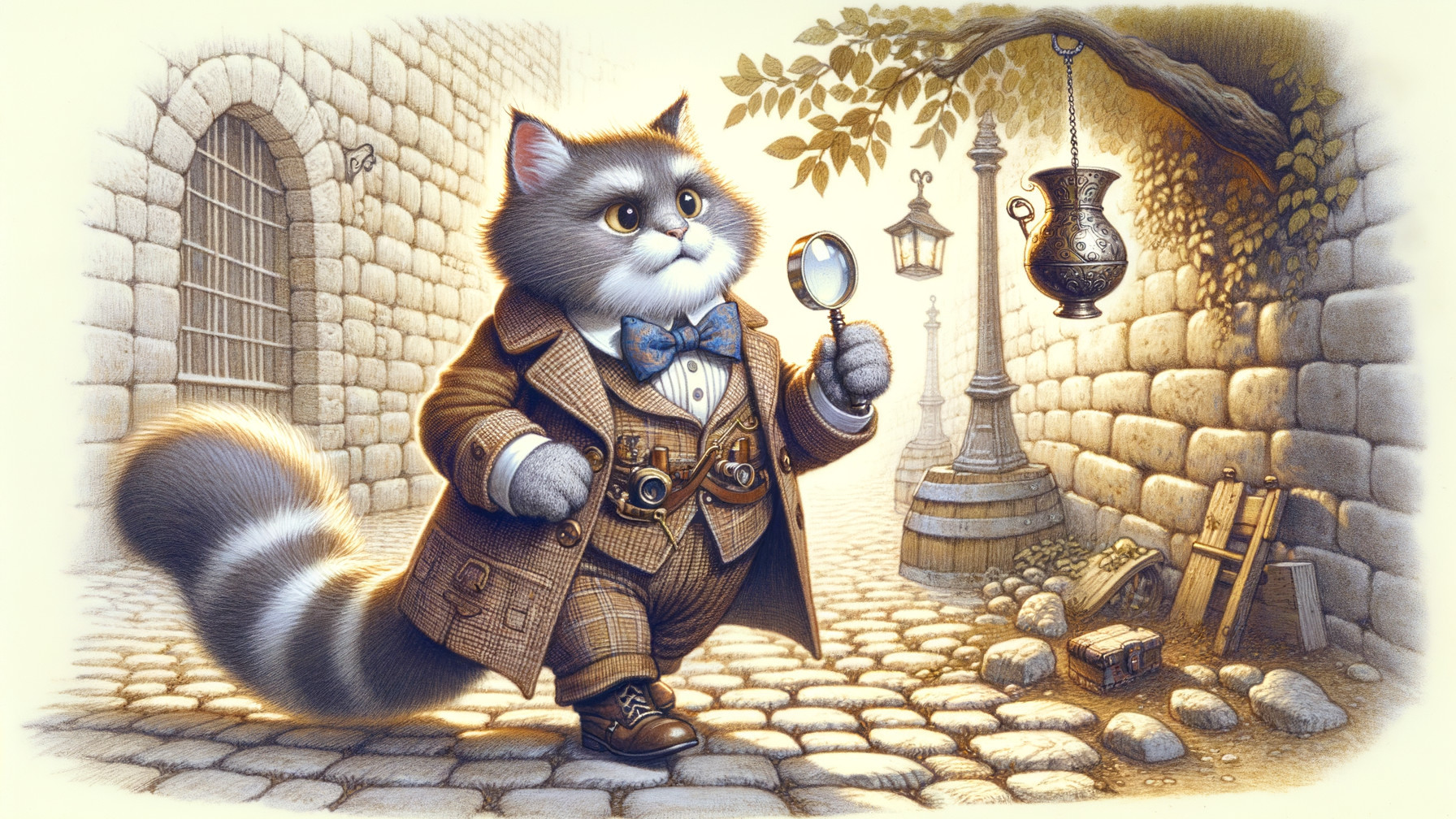 Whimsical Cat Detective in Cobblestone Alley Scene