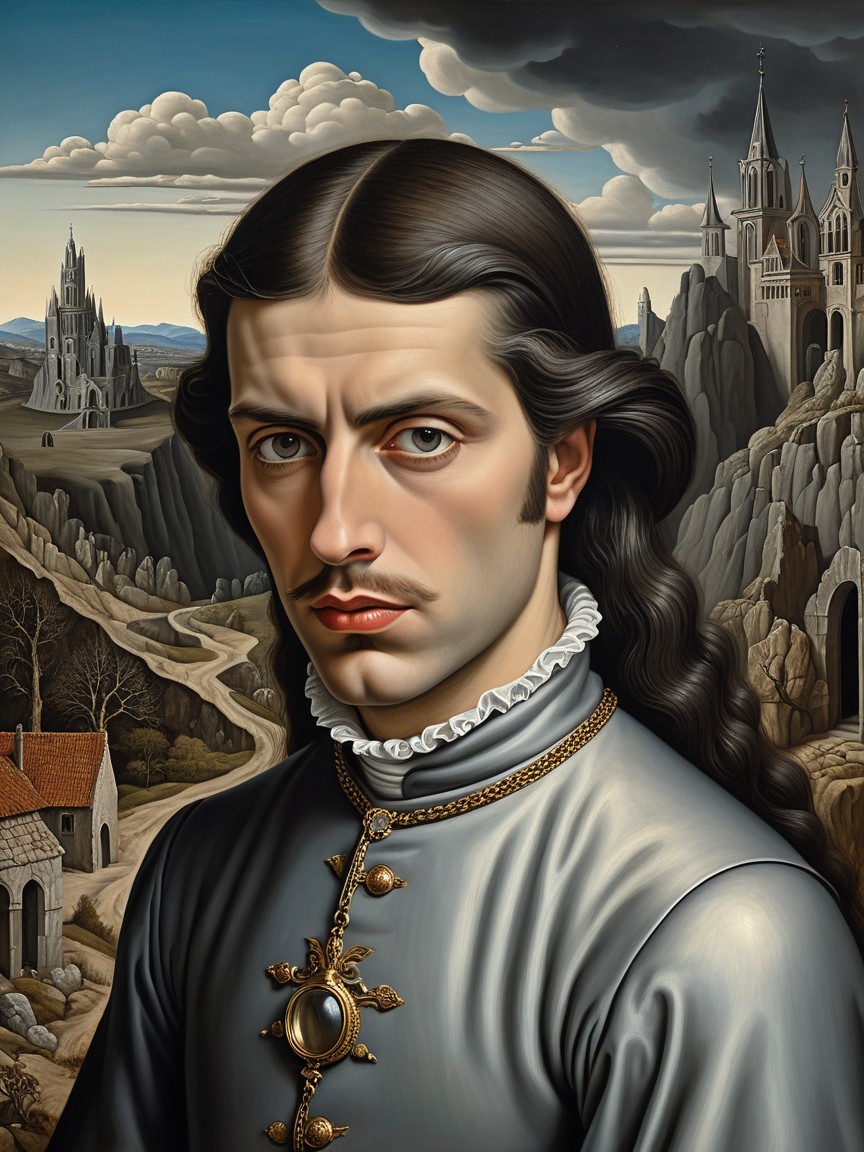 Young Man in Elegant Outfit Against Dramatic Landscape