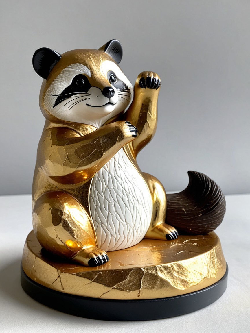 Golden Raccoon Sculpture with Textured Base Details